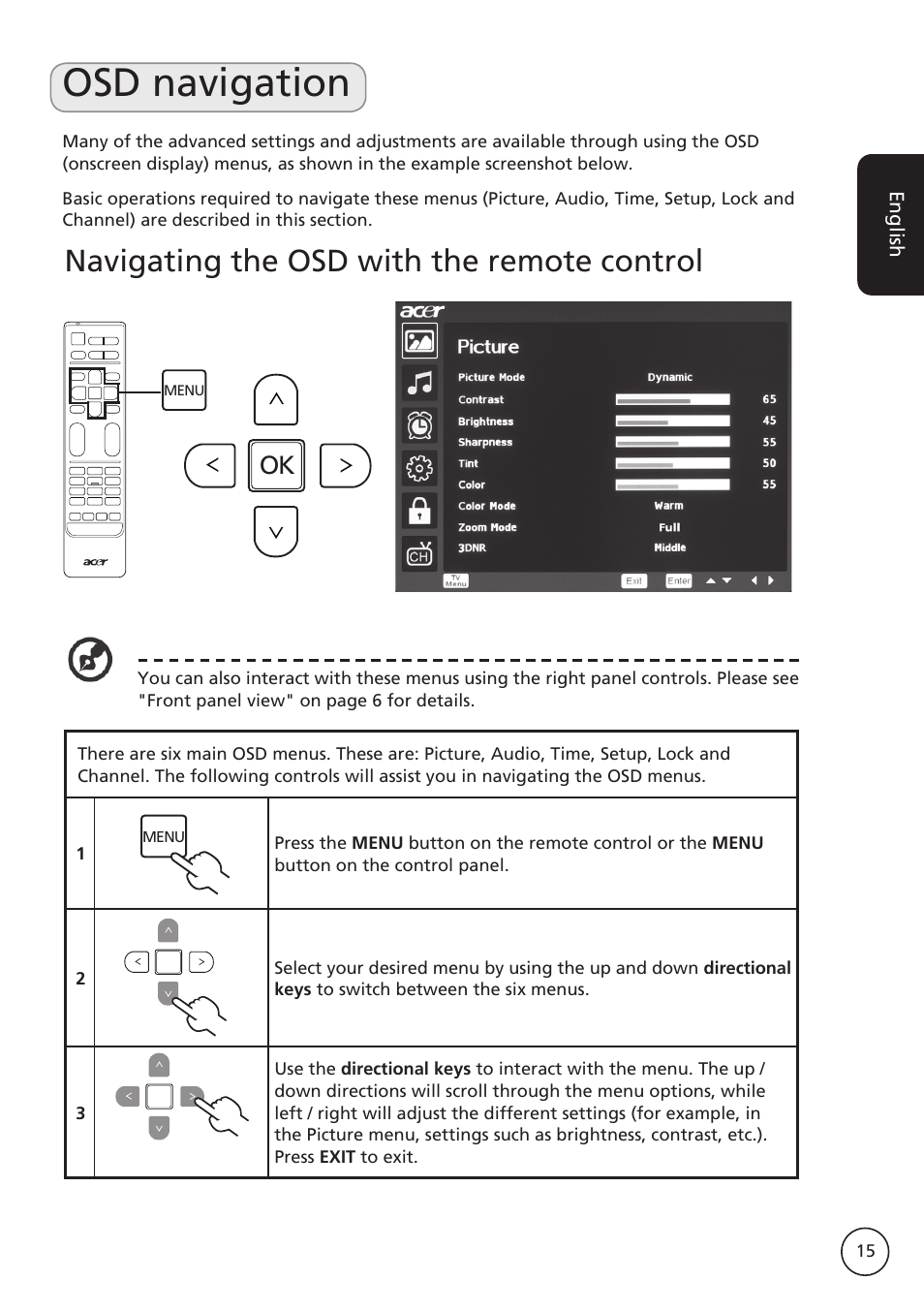 Osd navigation, Navigating the osd with the remote control | Acer M230A User Manual | Page 15 / 31