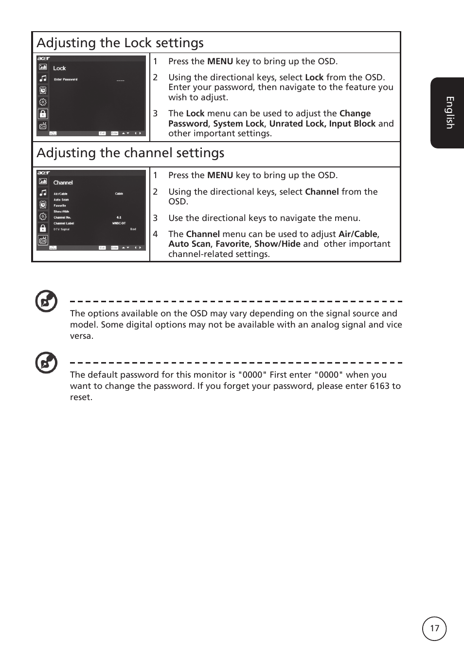 Adjusting the lock settings, Adjusting the channel settings | Acer M230A User Manual | Page 17 / 31