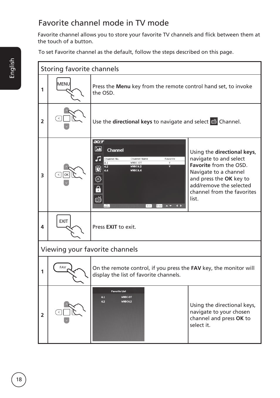 Favorite channel mode in tv mode, Storing favorite channels, Viewing your favorite channels | Acer M230A User Manual | Page 18 / 31