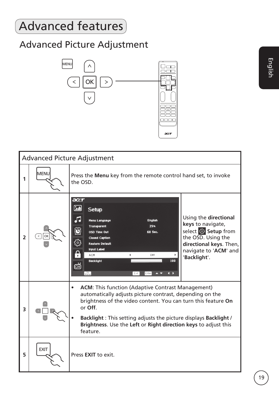 Advanced features, Advanced picture adjustment | Acer M230A User Manual | Page 19 / 31