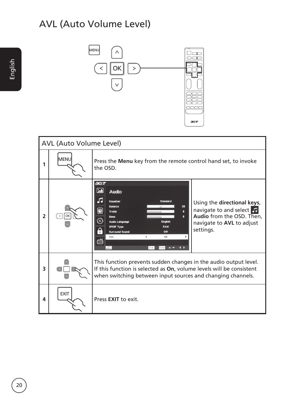 Avl (auto volume level) | Acer M230A User Manual | Page 20 / 31