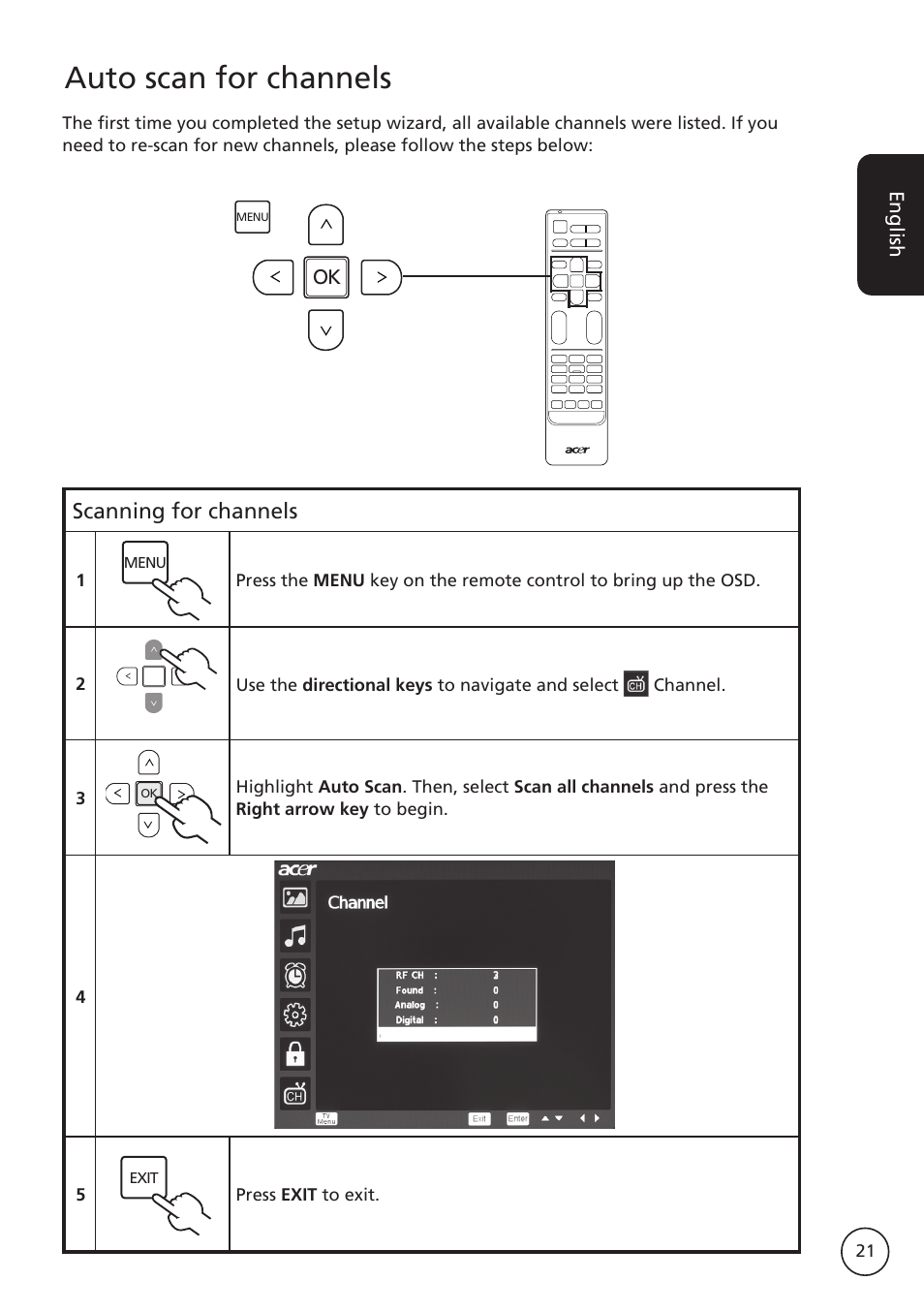 Auto scan for channels, Scanning for channels | Acer M230A User Manual | Page 21 / 31