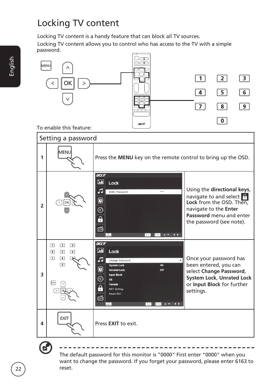 Locking tv content, Setting a password | Acer M230A User Manual | Page 22 / 31