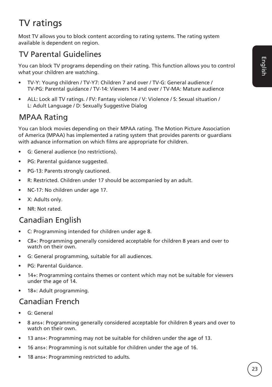 Tv ratings, Tv parental guidelines, Mpaa rating | Canadian english, Canadian french | Acer M230A User Manual | Page 23 / 31