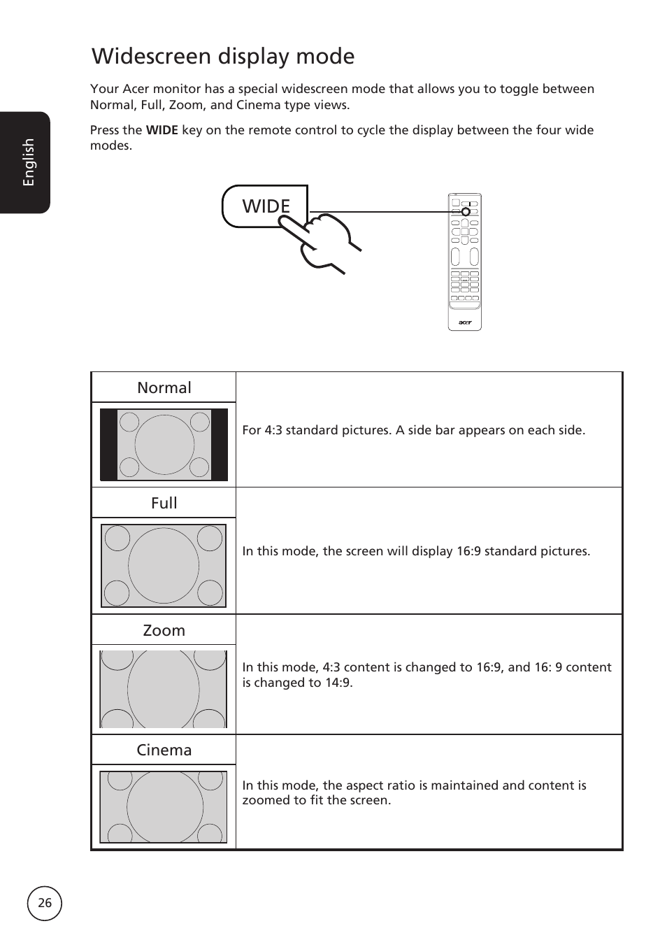 Widescreen display mode, Wide | Acer M230A User Manual | Page 26 / 31