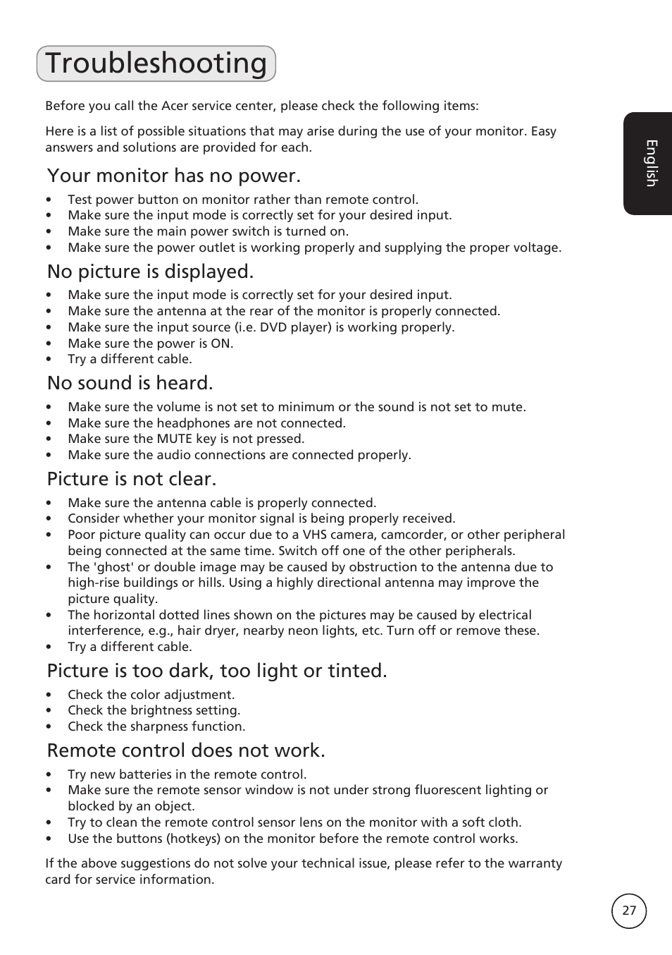 Troubleshooting, Your monitor has no power, No picture is displayed | No sound is heard, Picture is not clear, Picture is too dark, too light or tinted, Remote control does not work | Acer M230A User Manual | Page 27 / 31