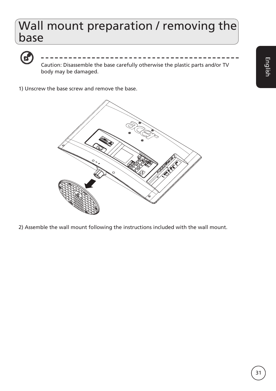 Wall mount preparation / removing the base | Acer M230A User Manual | Page 31 / 31