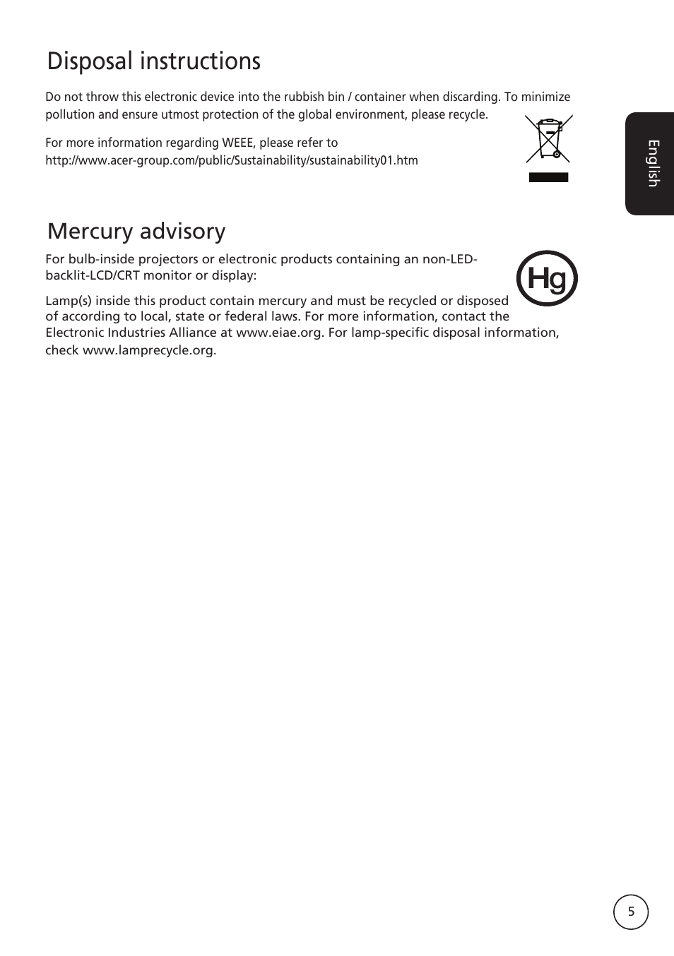 Disposal instructions, Mercury advisory | Acer M230A User Manual | Page 5 / 31