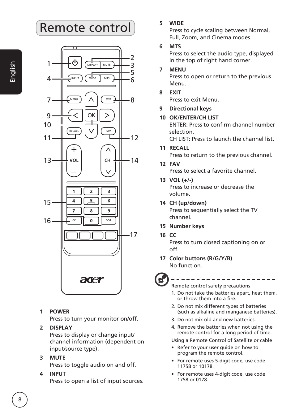 Remote control | Acer M230A User Manual | Page 8 / 31