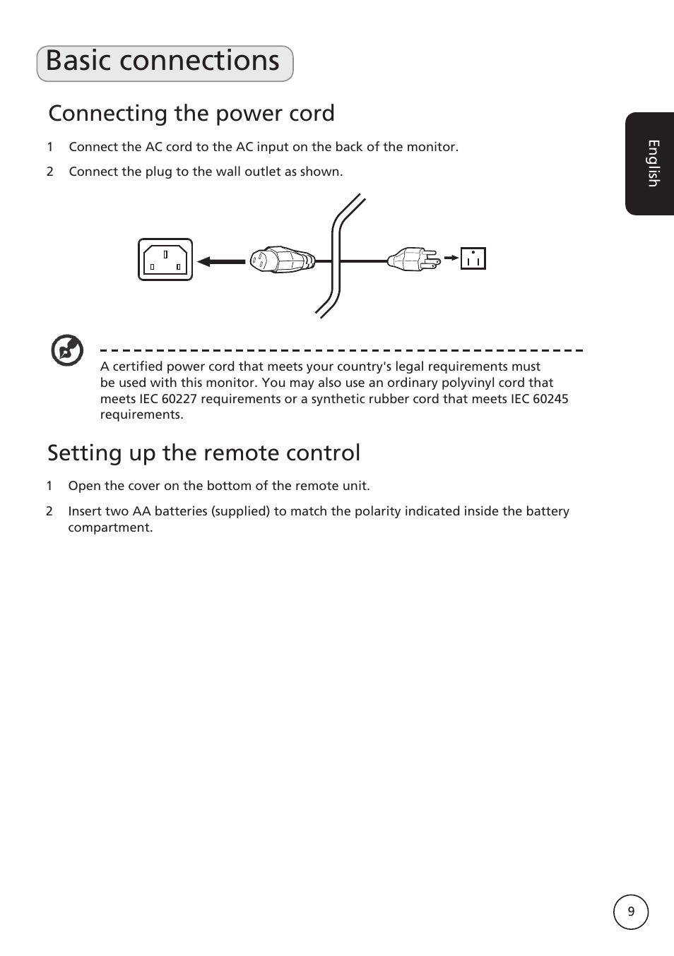 Basic connections, Connecting the power cord, Setting up the remote control | Acer M230A User Manual | Page 9 / 31