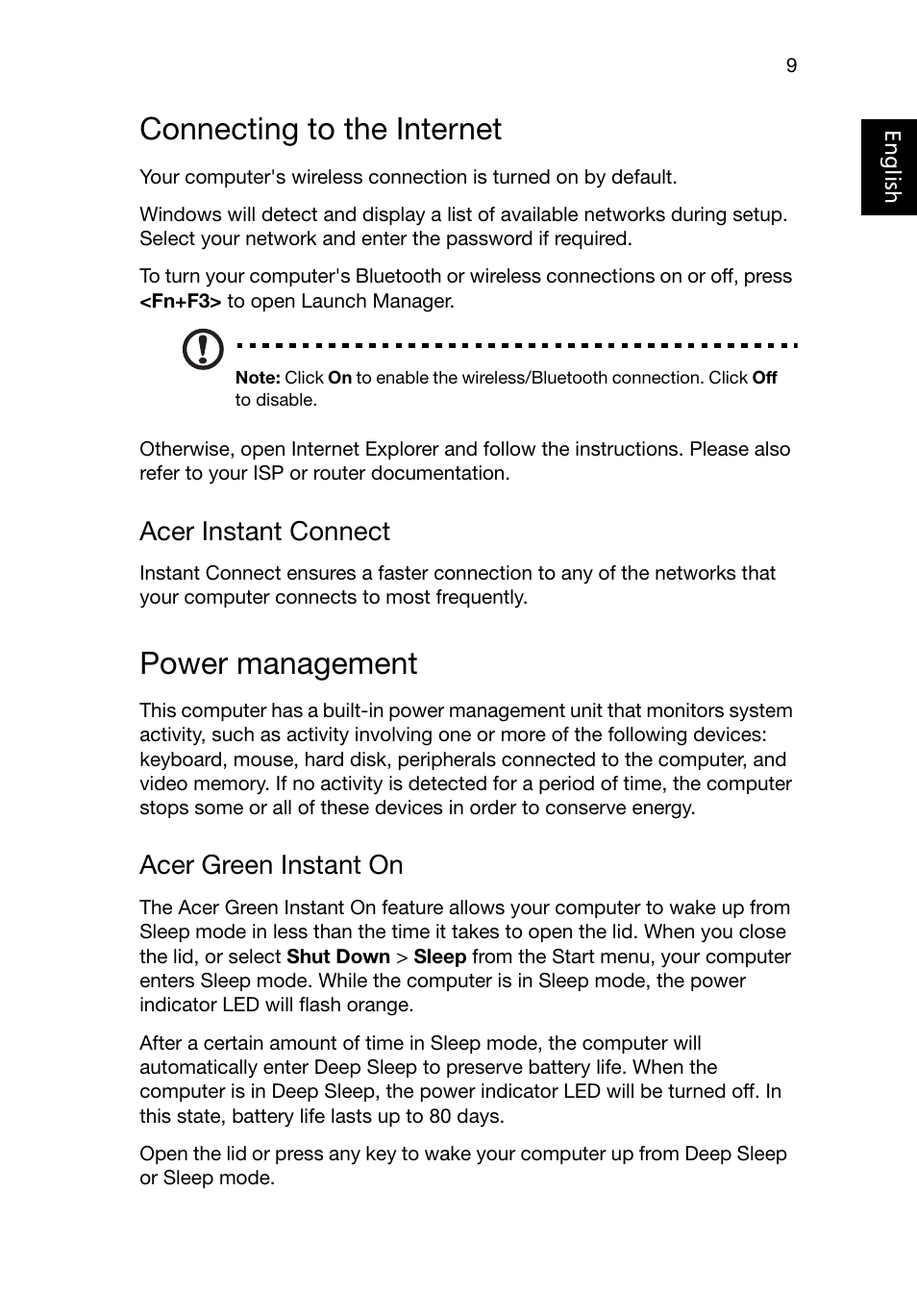 Connecting to the internet, Power management, Acer instant connect | Acer green instant on | Acer Aspire M3-581PTG User Manual | Page 9 / 10