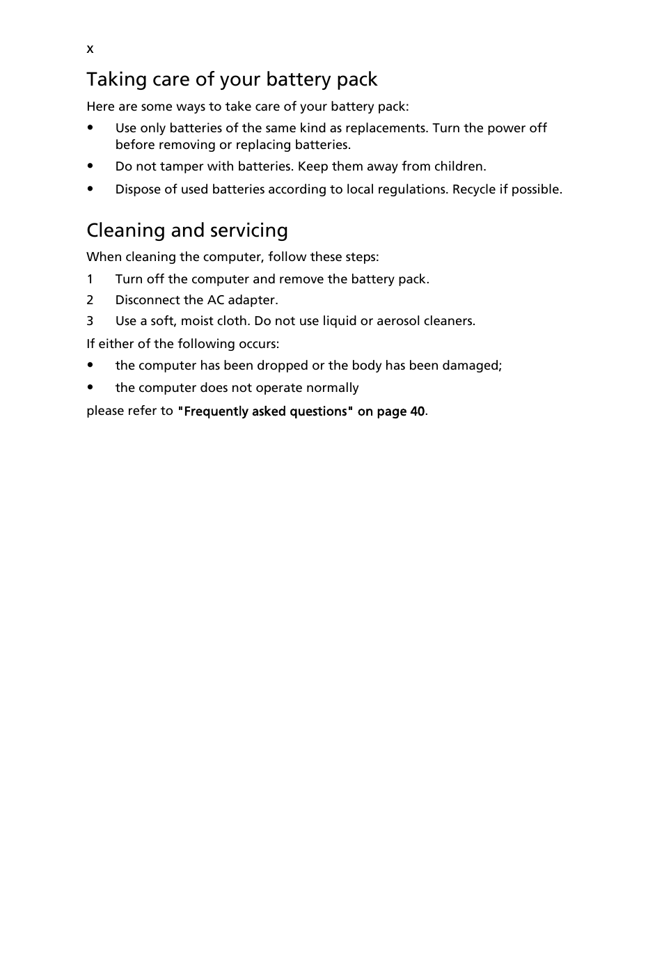 Taking care of your battery pack, Cleaning and servicing | Acer Aspire 3640 User Manual | Page 10 / 88