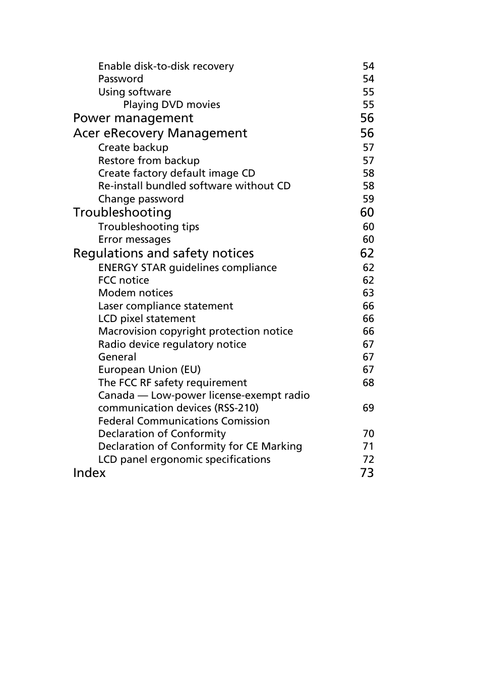 Power management 56 acer erecovery management 56, Troubleshooting 60, Regulations and safety notices 62 | Index 73 | Acer Aspire 3640 User Manual | Page 13 / 88