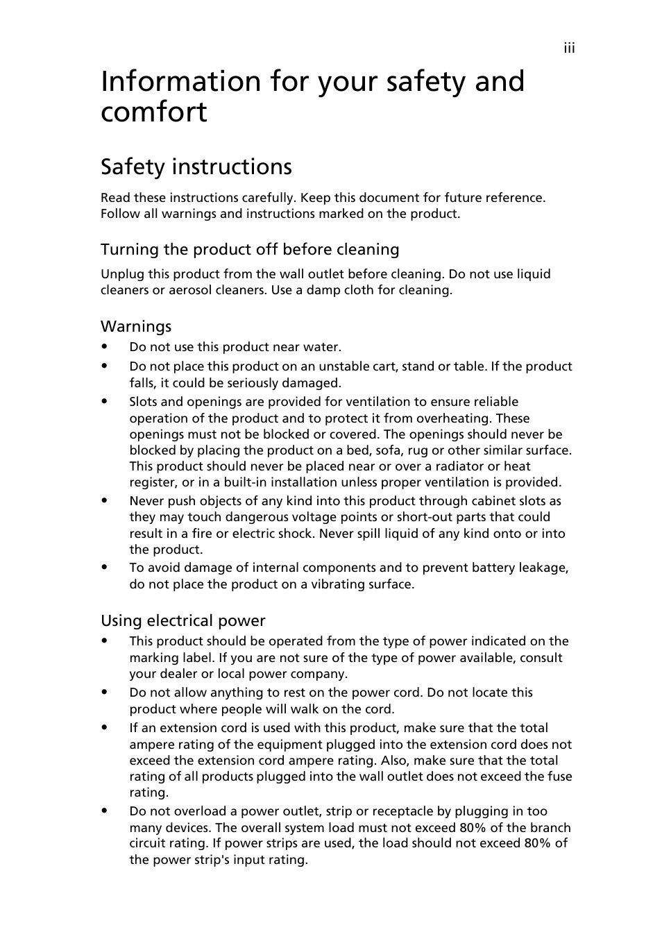 Information for your safety and comfort, Safety instructions | Acer Aspire 3640 User Manual | Page 3 / 88