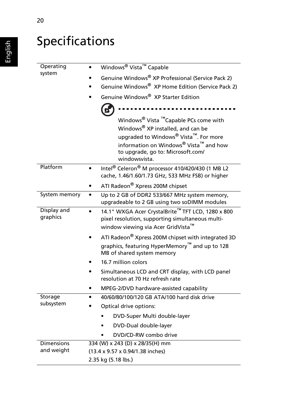 Specifications, English | Acer Aspire 3640 User Manual | Page 34 / 88
