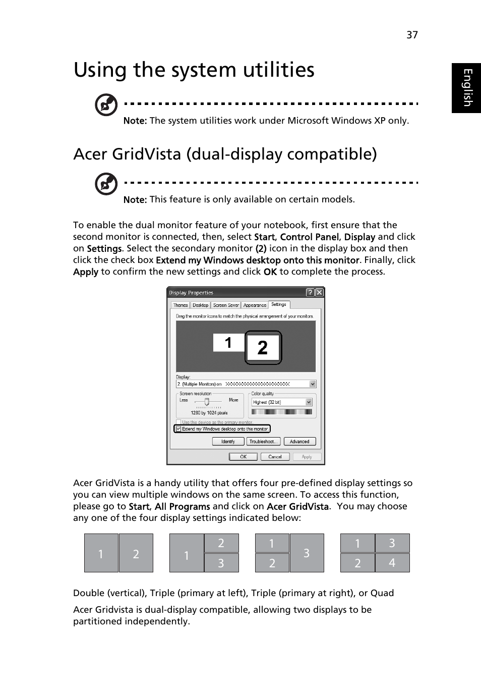 Using the system utilities, Acer gridvista (dual-display compatible) | Acer Aspire 3640 User Manual | Page 51 / 88
