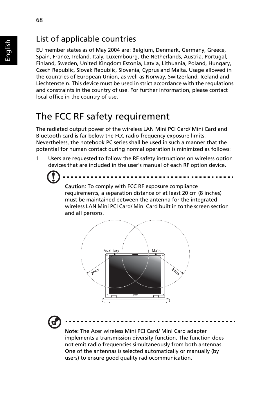 The fcc rf safety requirement, List of applicable countries | Acer Aspire 3640 User Manual | Page 82 / 88