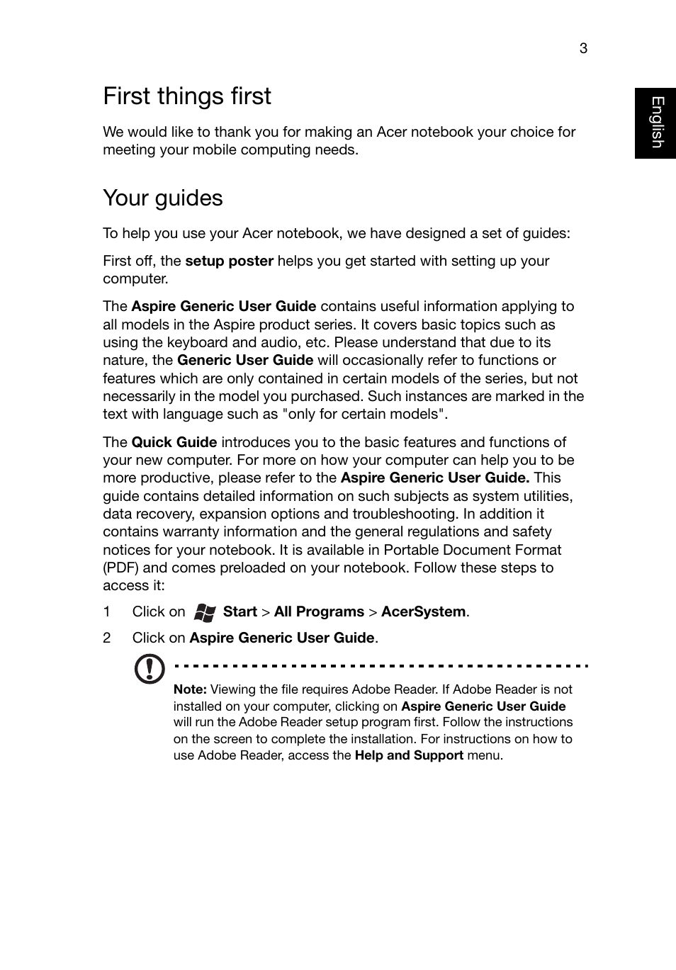 First things first, Your guides | Acer Aspire E1-471 User Manual | Page 3 / 10