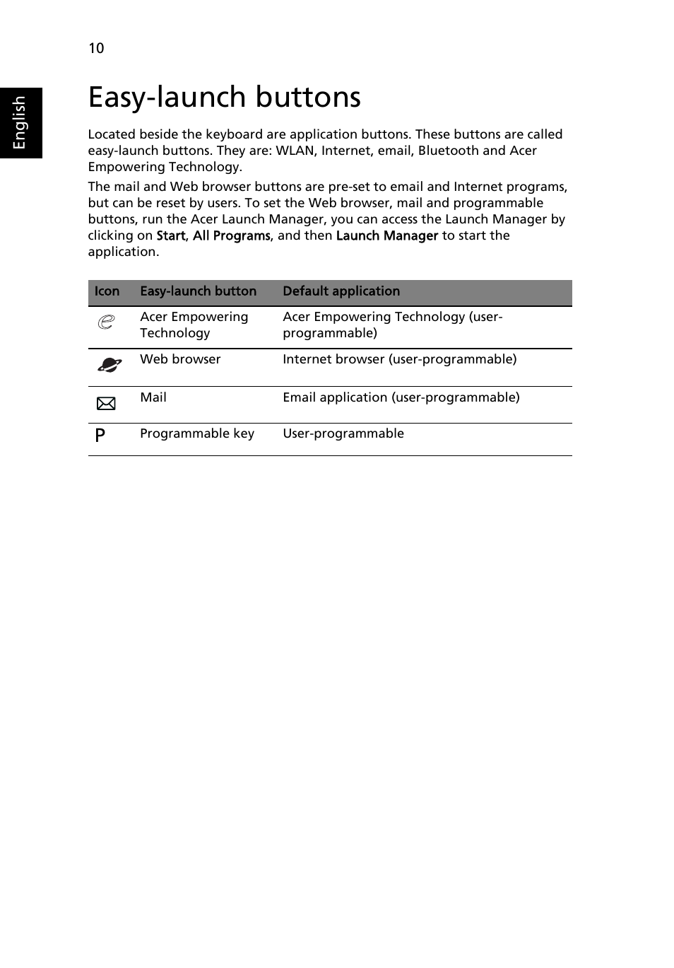 Easy-launch buttons | Acer Extensa 4430 User Manual | Page 30 / 86