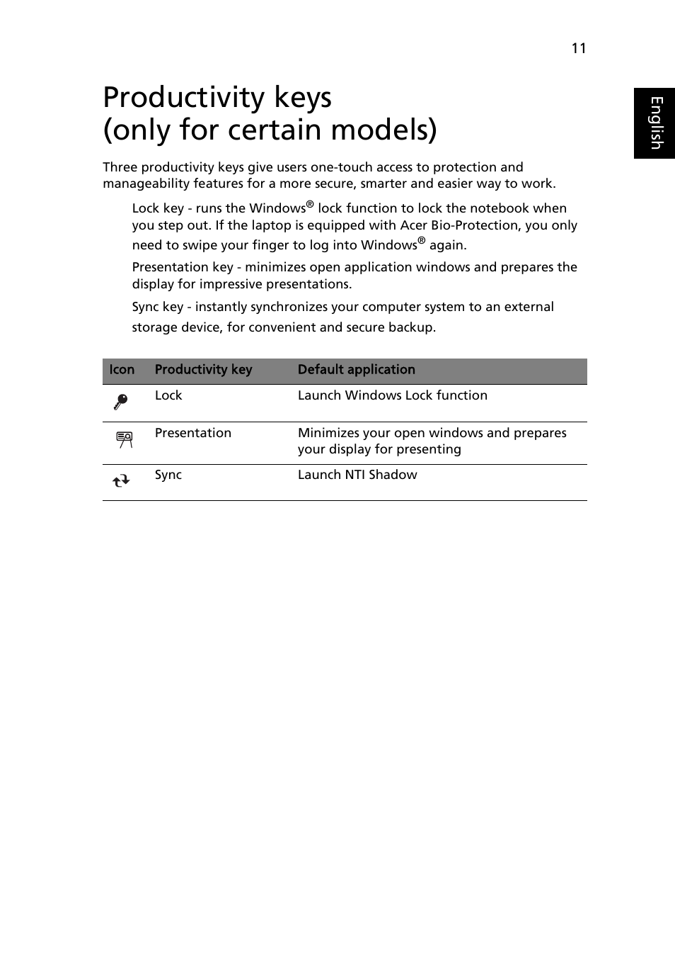 Productivity keys (only for certain models), Productivity keys, Only for certain models) | Acer Extensa 4430 User Manual | Page 31 / 86