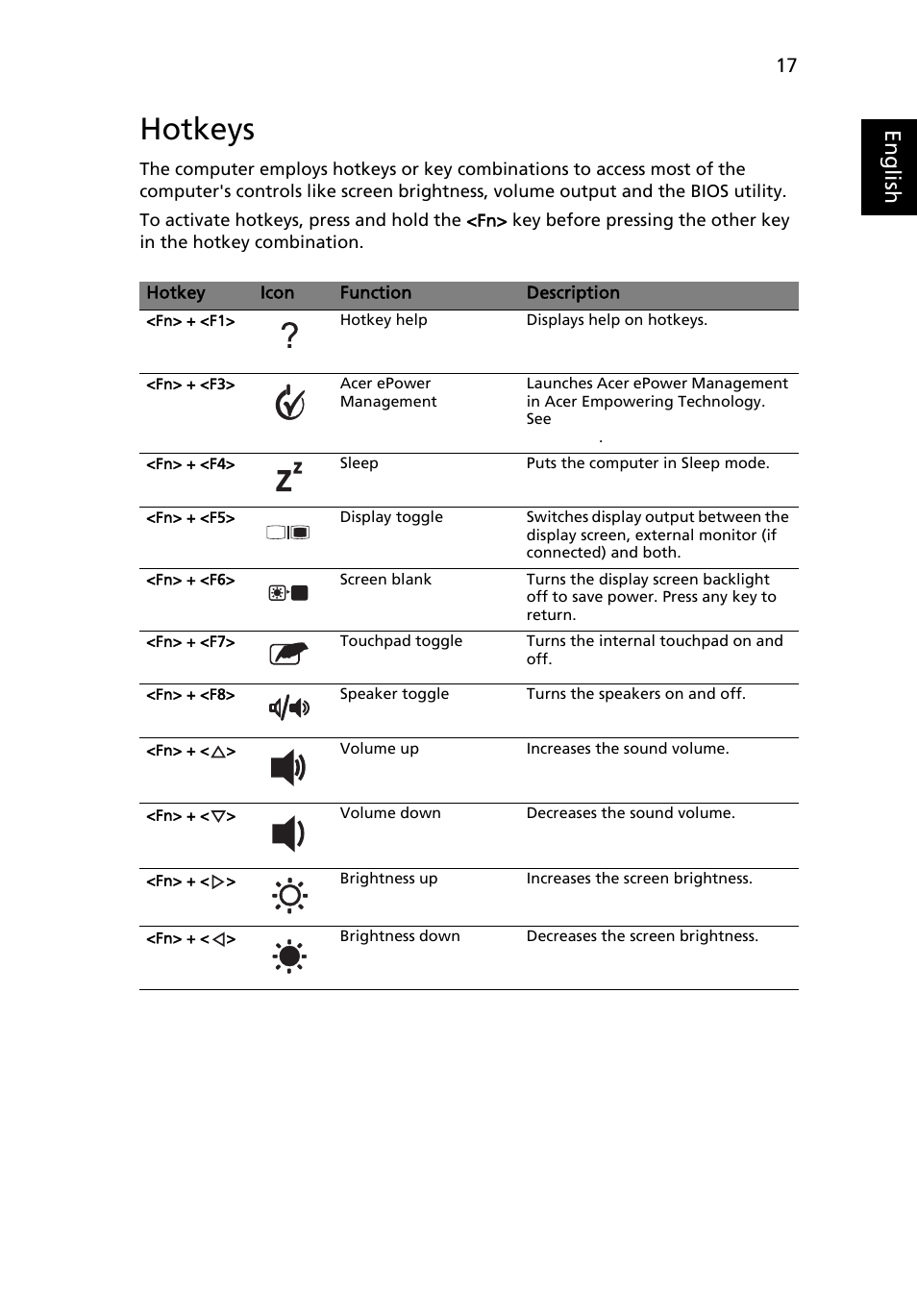 Hotkeys, Eng lis h | Acer Extensa 4430 User Manual | Page 37 / 86