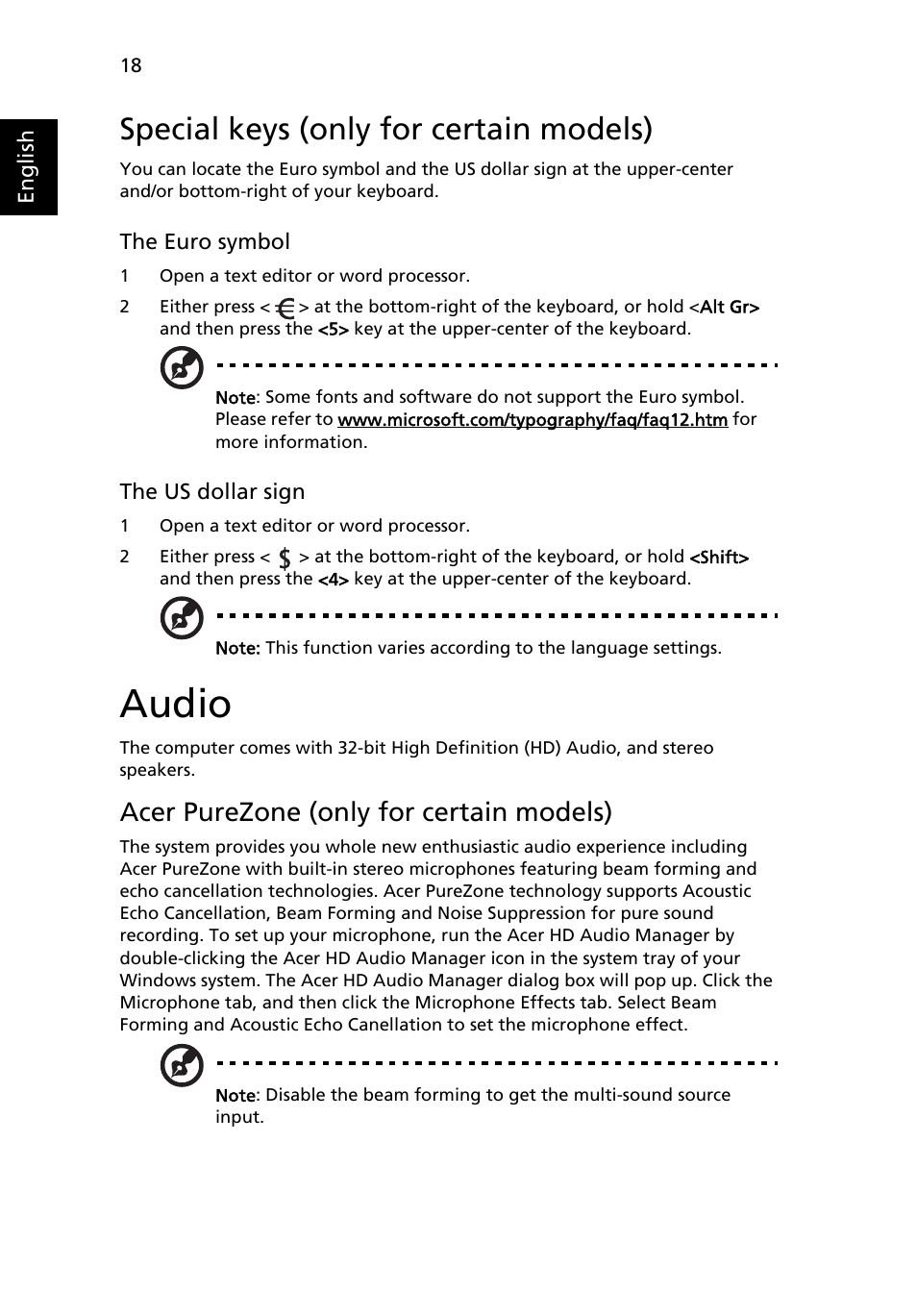 Special keys (only for certain models), Audio, Acer purezone (only for certain models) | Acer Extensa 4430 User Manual | Page 38 / 86