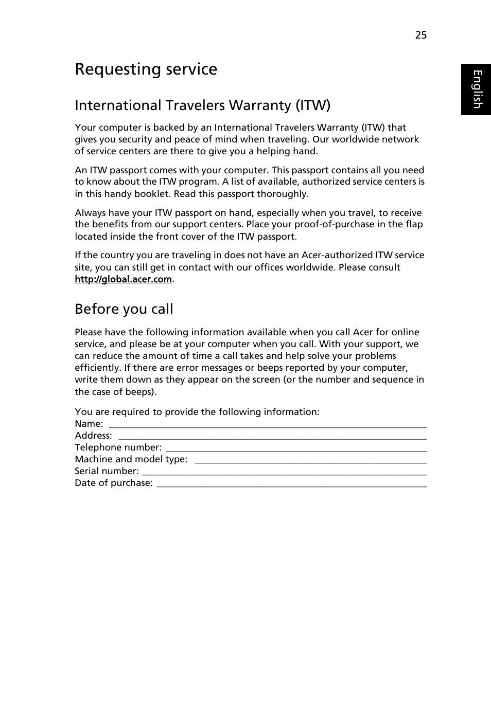 Requesting service, International travelers warranty (itw), Before you call | Acer Extensa 4430 User Manual | Page 45 / 86