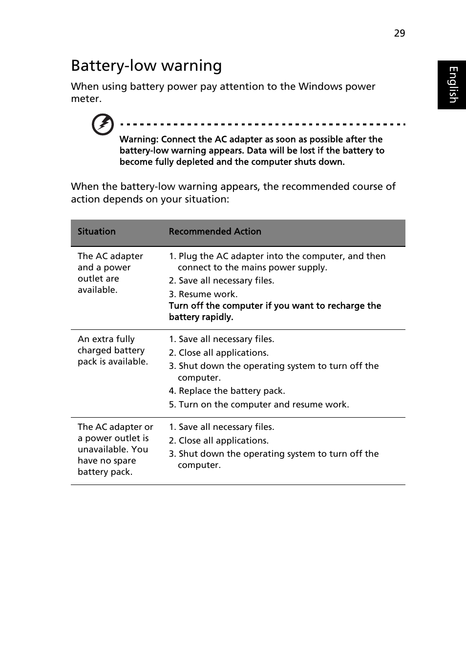 Battery-low warning | Acer Extensa 4430 User Manual | Page 49 / 86