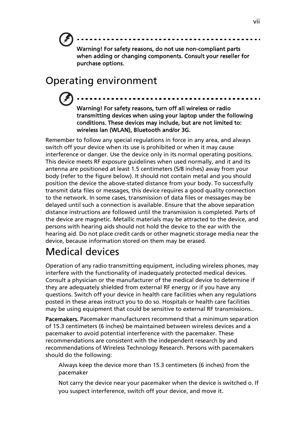 Operating environment, Medical devices | Acer Extensa 4430 User Manual | Page 7 / 86