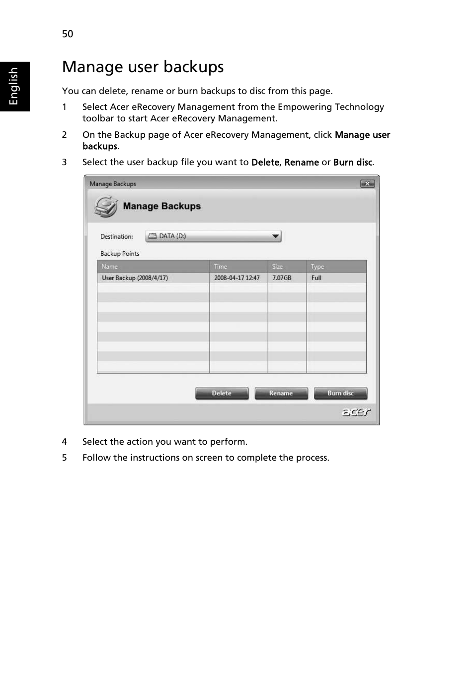 Manage user backups | Acer Extensa 4430 User Manual | Page 70 / 86