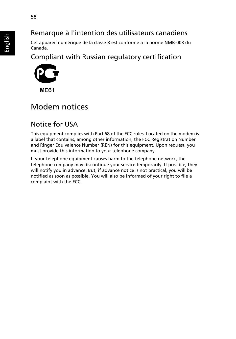 Modem notices | Acer Extensa 4430 User Manual | Page 78 / 86