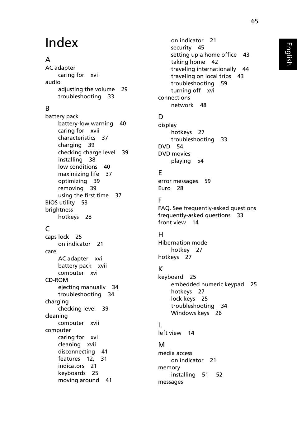 Index | Acer Extensa 4430 User Manual | Page 85 / 86