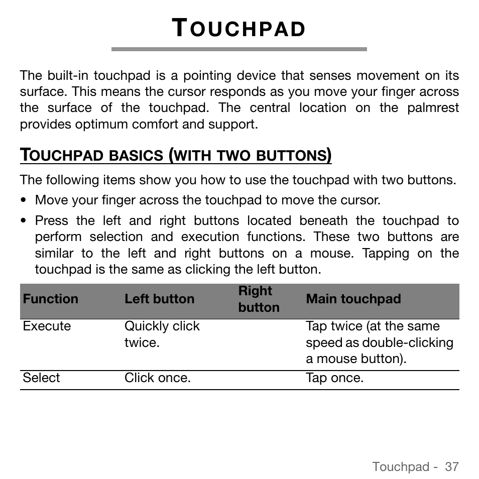 Touchpad, Touchpad basics (with two buttons) | Acer TravelMate 5744Z User Manual | Page 37 / 95