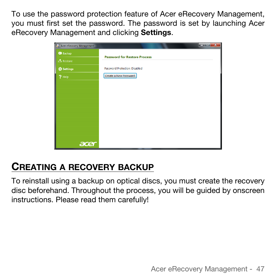 Creating a recovery backup | Acer TravelMate 5744Z User Manual | Page 47 / 95