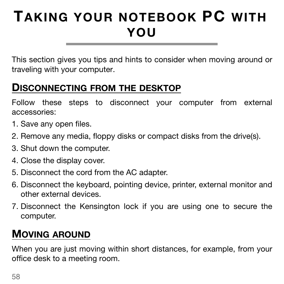 Taking your notebook pc with you, Disconnecting from the desktop, Moving around | Y o u r, W i t h, Y o u | Acer TravelMate 5744Z User Manual | Page 58 / 95