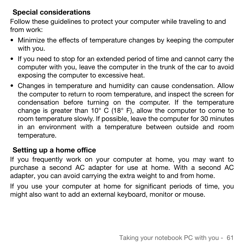 Special considerations, Setting up a home office | Acer TravelMate 5744Z User Manual | Page 61 / 95