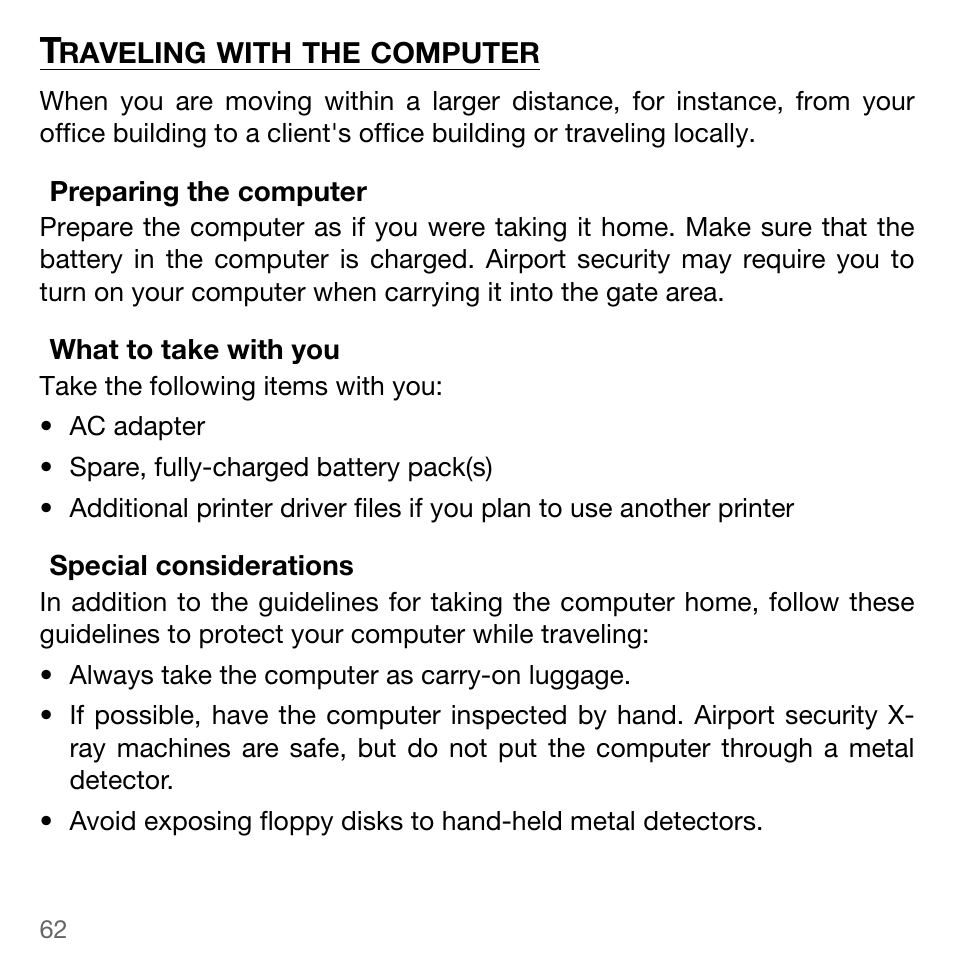 Traveling with the computer, Preparing the computer, What to take with you | Special considerations | Acer TravelMate 5744Z User Manual | Page 62 / 95