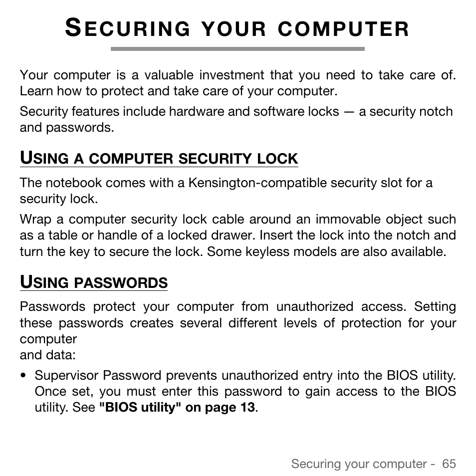 Securing your computer, Using a computer security lock, Using passwords | Y o u r | Acer TravelMate 5744Z User Manual | Page 65 / 95