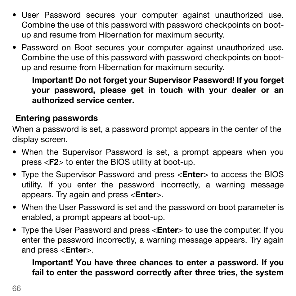 Entering passwords | Acer TravelMate 5744Z User Manual | Page 66 / 95