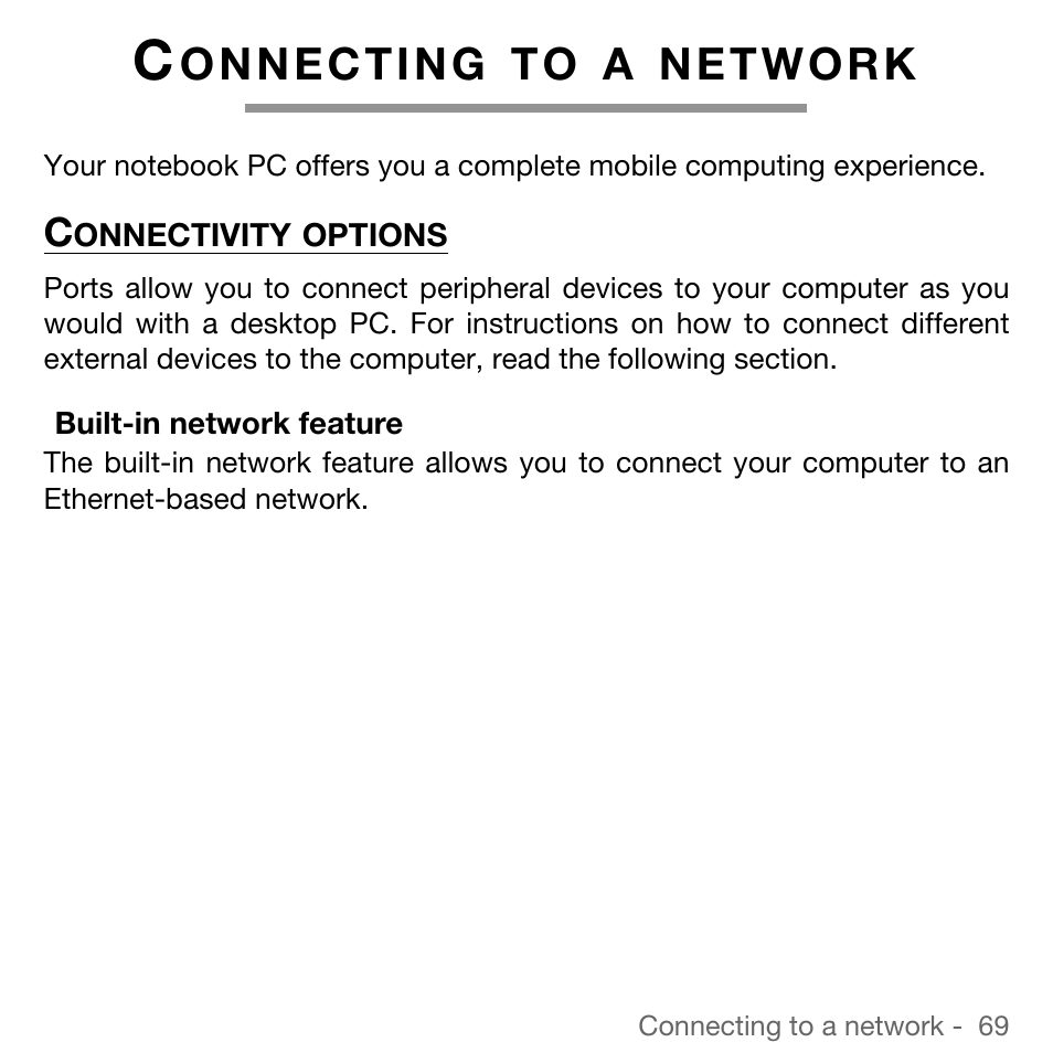 Connecting to a network, Connectivity options, Built-in network feature | Acer TravelMate 5744Z User Manual | Page 69 / 95