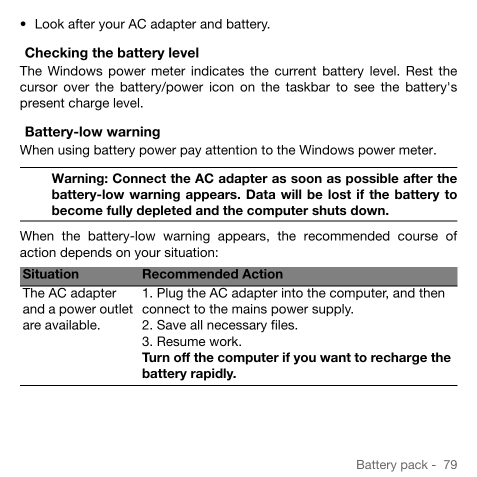 Checking the battery level, Battery-low warning | Acer TravelMate 5744Z User Manual | Page 79 / 95