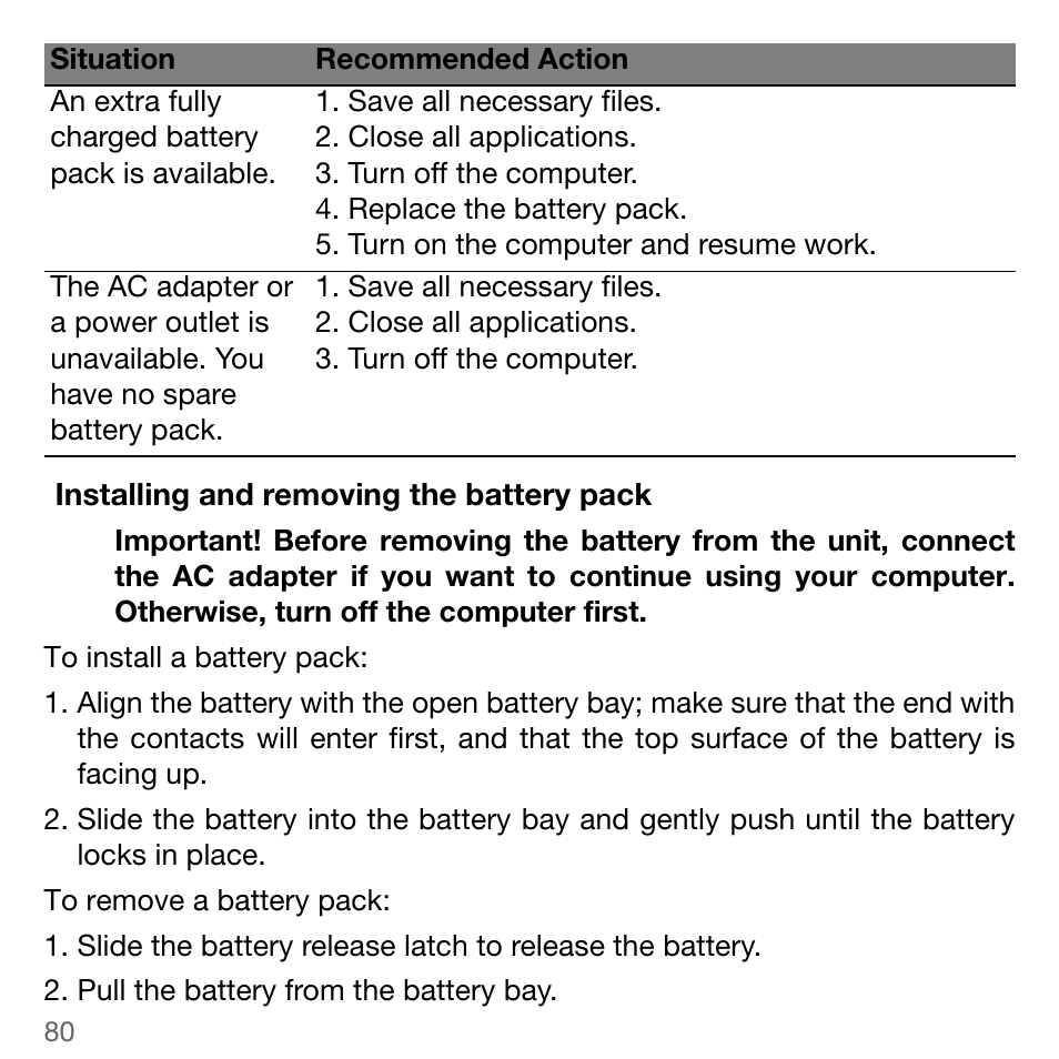 Installing and removing the battery pack | Acer TravelMate 5744Z User Manual | Page 80 / 95