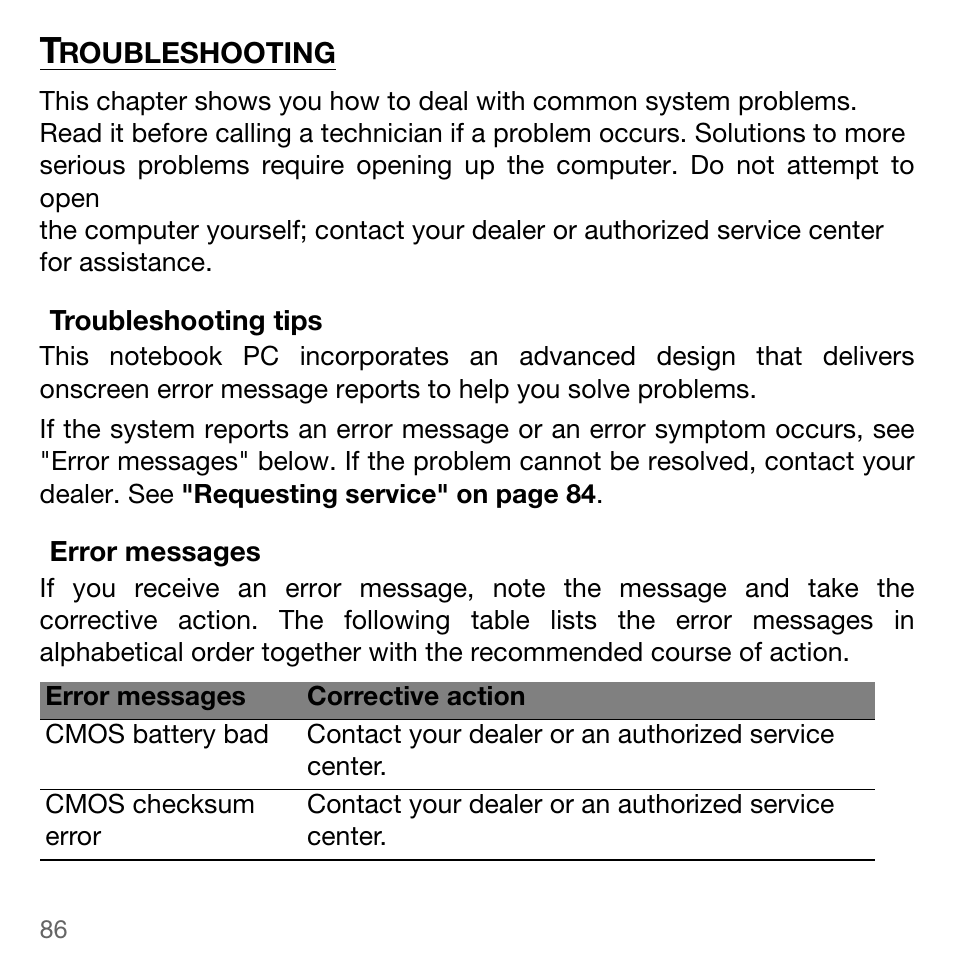 Troubleshooting, Troubleshooting tips, Error messages | Acer TravelMate 5744Z User Manual | Page 86 / 95