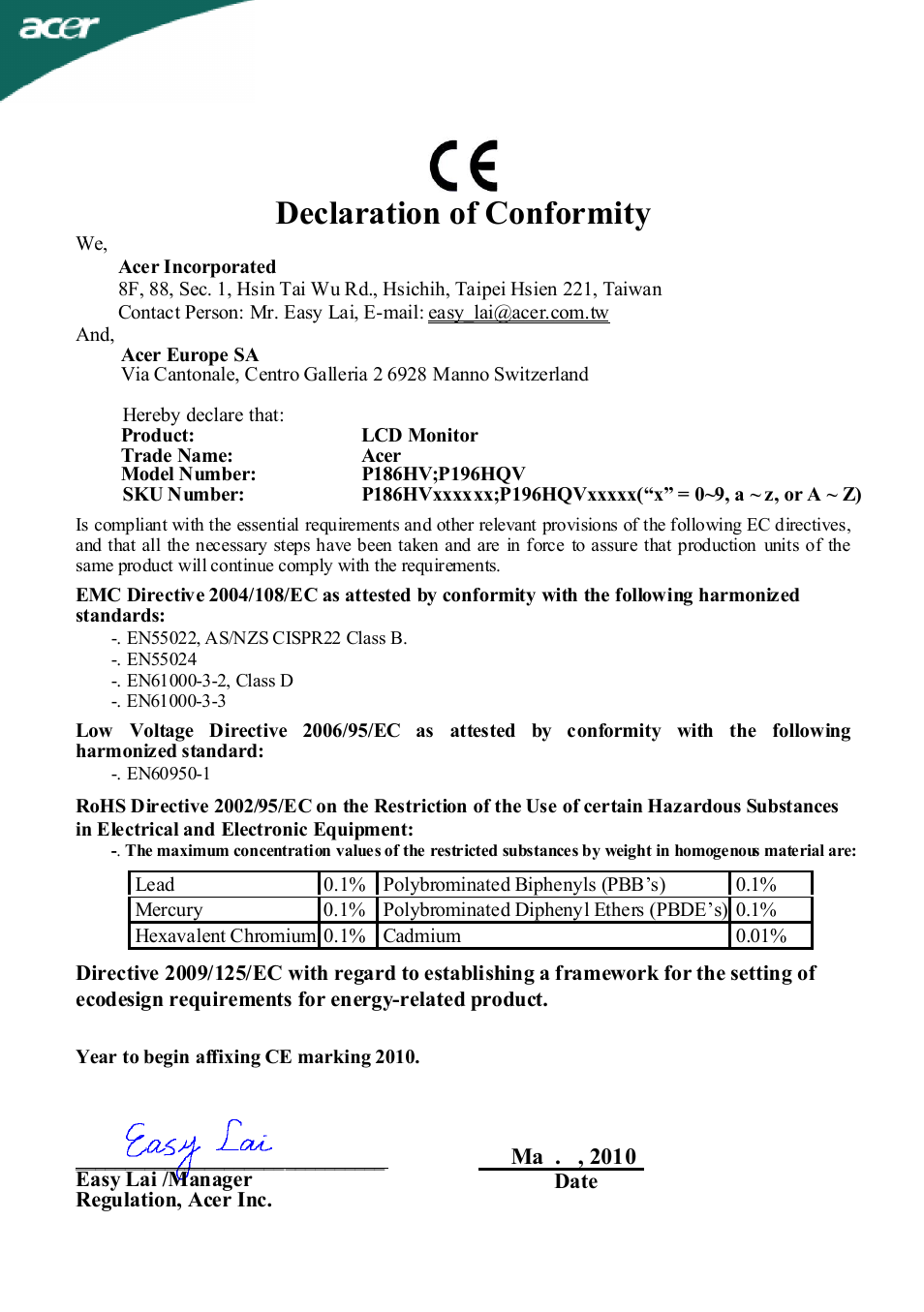 Declaration of conformity | Acer P196HQV User Manual | Page 22 / 23