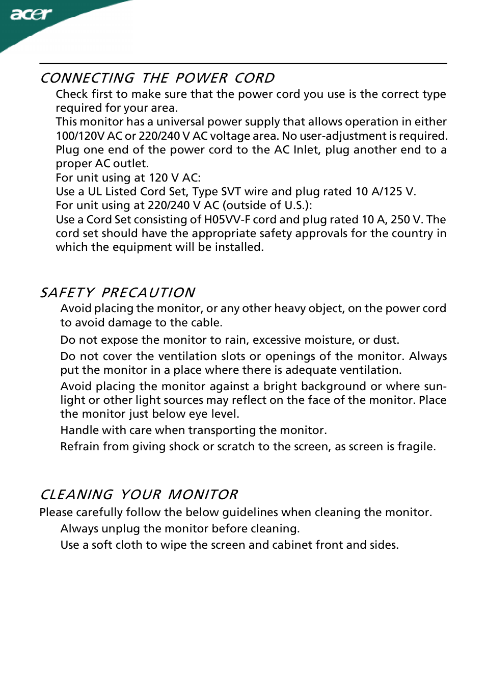 Connecting the power cord, Safety precaution, Cleaning your monitor | Acer P196HQV User Manual | Page 8 / 23