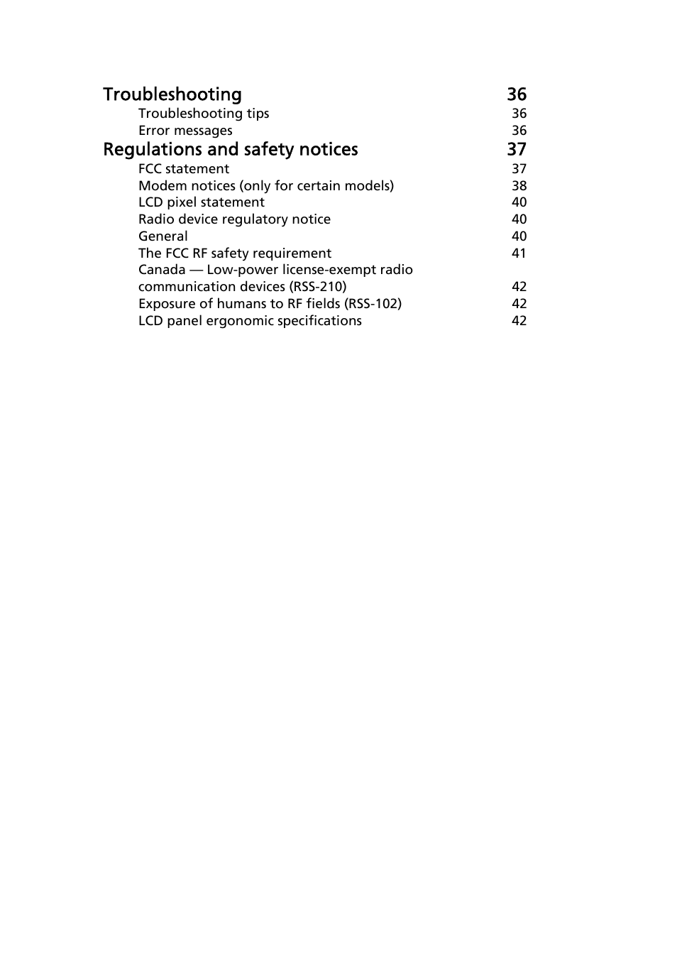 Troubleshooting 36, Regulations and safety notices 37 | Acer Extensa Series (Generic User Guide) User Manual | Page 19 / 62