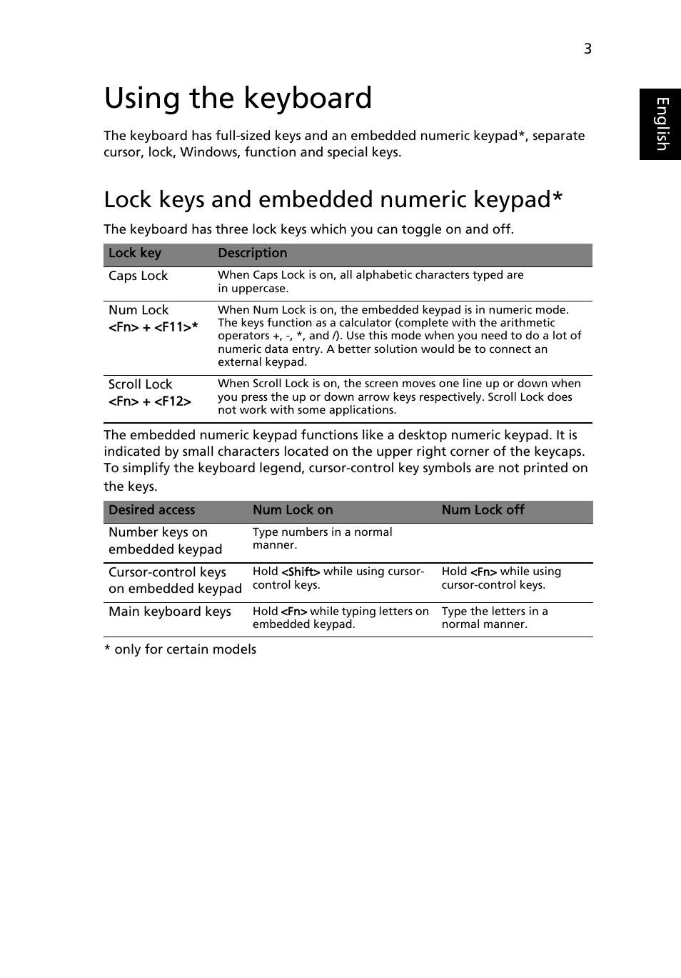 Using the keyboard, Lock keys and embedded numeric keypad | Acer Extensa Series (Generic User Guide) User Manual | Page 23 / 62