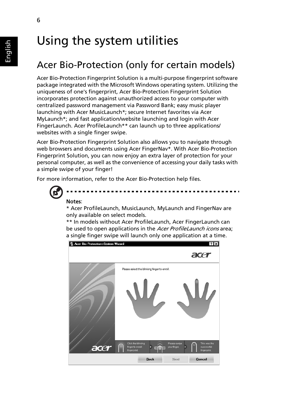 Using the system utilities, Acer bio-protection (only for certain models) | Acer Extensa Series (Generic User Guide) User Manual | Page 26 / 62