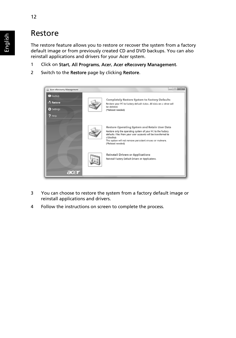 Restore | Acer Extensa Series (Generic User Guide) User Manual | Page 32 / 62