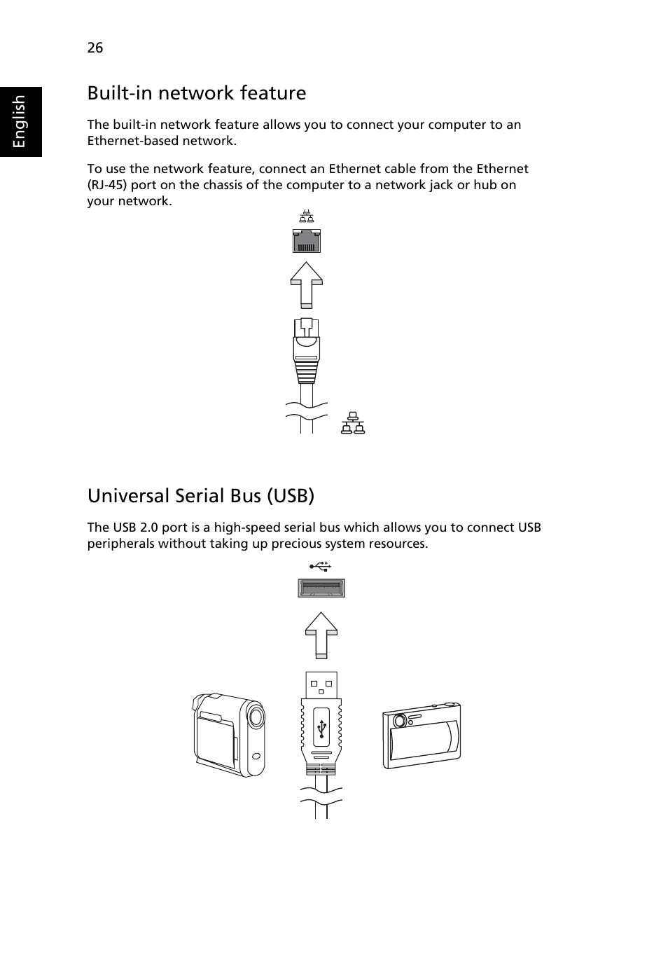 Built-in network feature, Universal serial bus (usb) | Acer Extensa Series (Generic User Guide) User Manual | Page 46 / 62